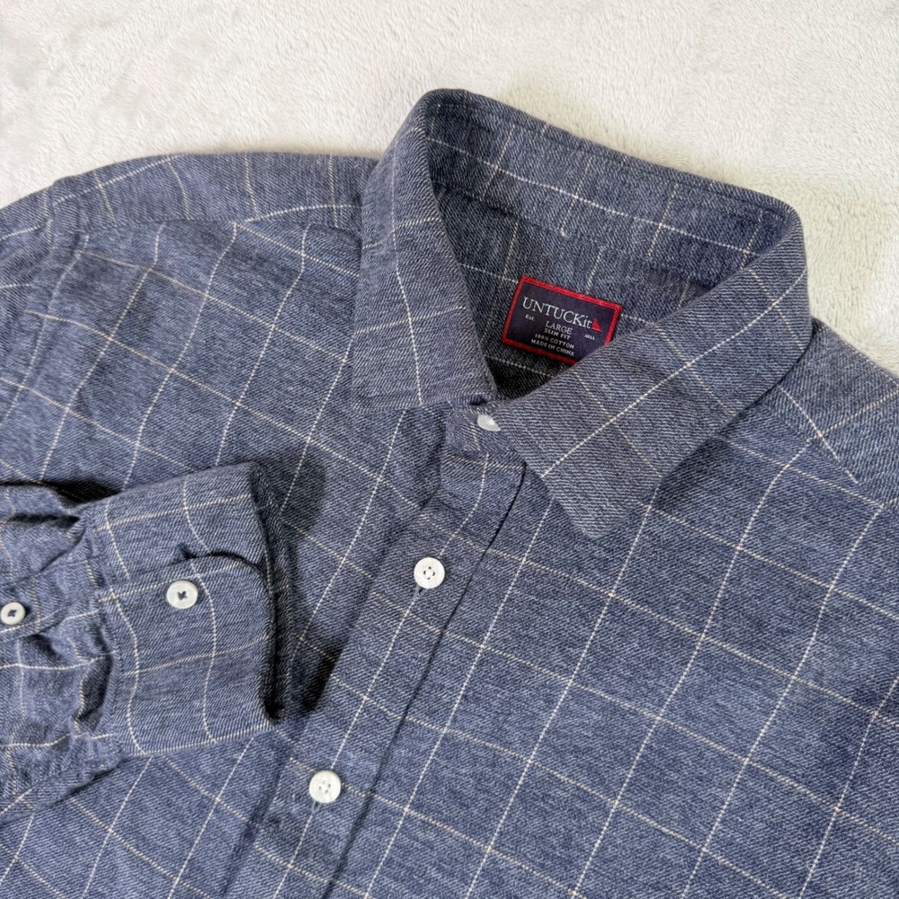 UNTUCKit Flannel Button Down Shirt Mens Large Blue Windowpane Slim Fit Cotton